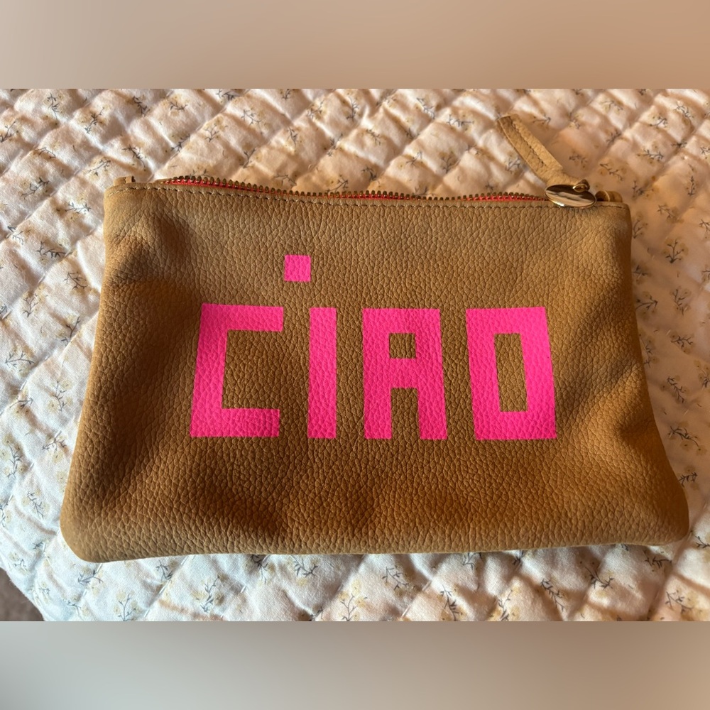 Clare V Tan Clutch with Pink 'Ciao'